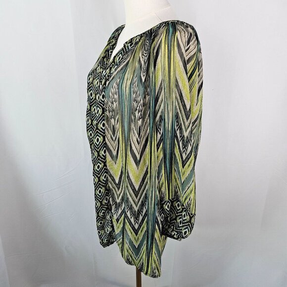 Figueroa & Flower 3X Sheer Green Boho Tunic Blouse 3/4 Sleeve Peacock Print - Picture 3 of 9